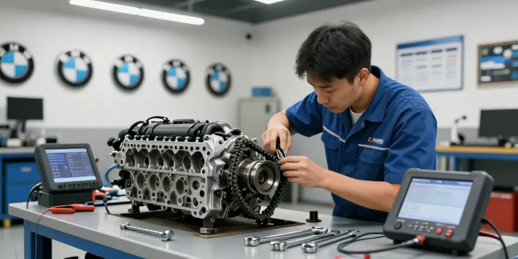 BMW Steuerkette Hannover service in an automotive workshop with technician inspecting engine components.